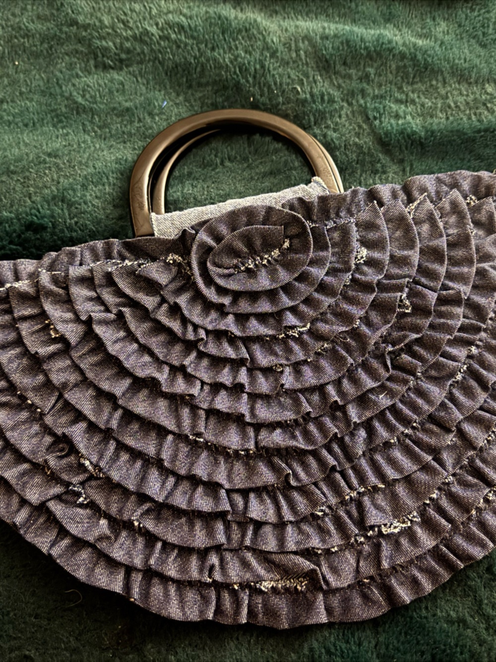 Handcrafted Quilted Denim Half-Moon Tote with Ring Handles